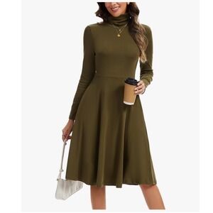 NWT Long Sleeve Turtleneck Olive Green Ribbed Knit Fit and Flare Midi Dress XL